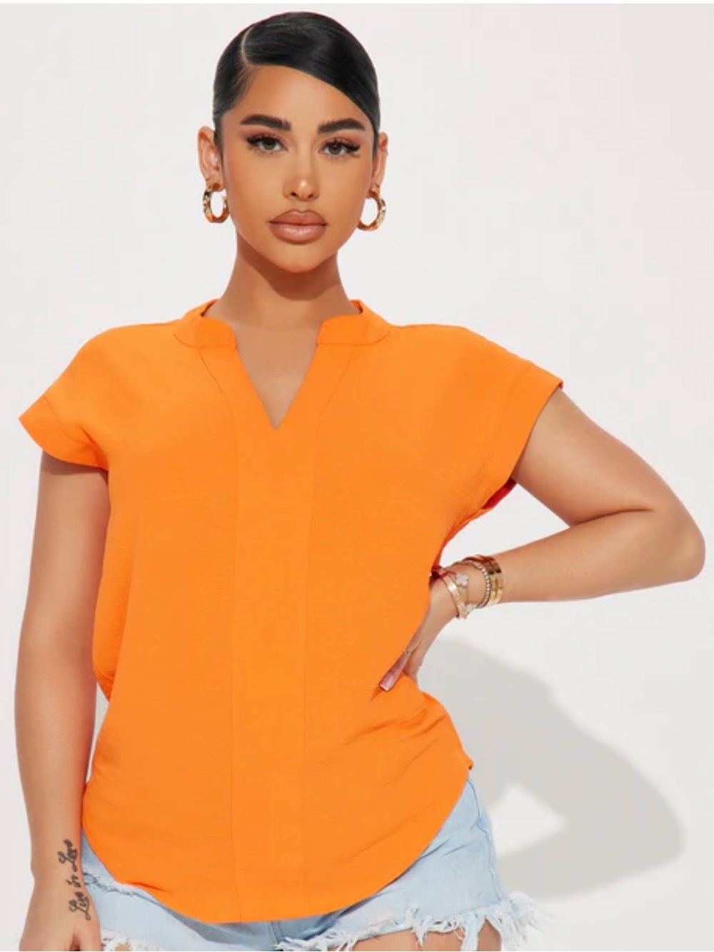 Fashion Nova Bright Orange Split V-Neck Short Sleeve Blouse